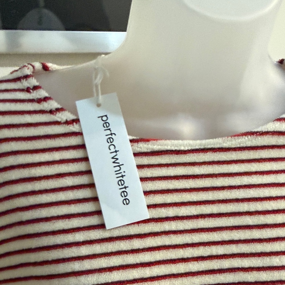 perfectwhitetee NWT Cream and Burgundy Striped Boatneck Terry Sweatshirt M - Picture 4 of 7